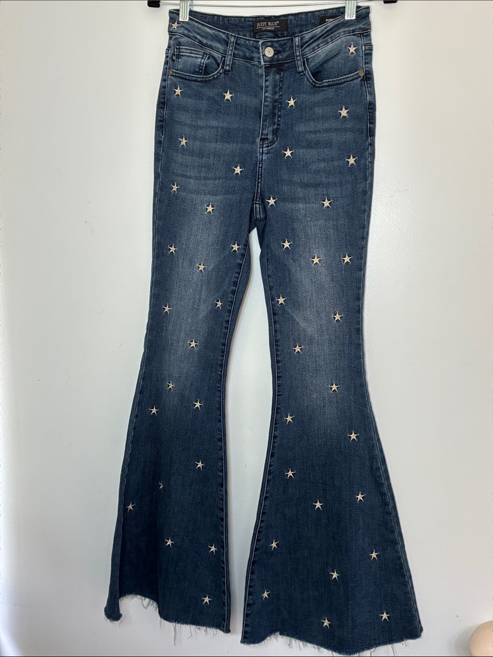 Judy Blue Super Flare Jeans Size 5/27 Embroidered Stars Raw Hem